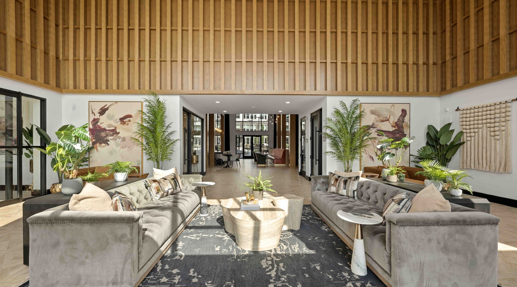 a lobby with two couches facing each other