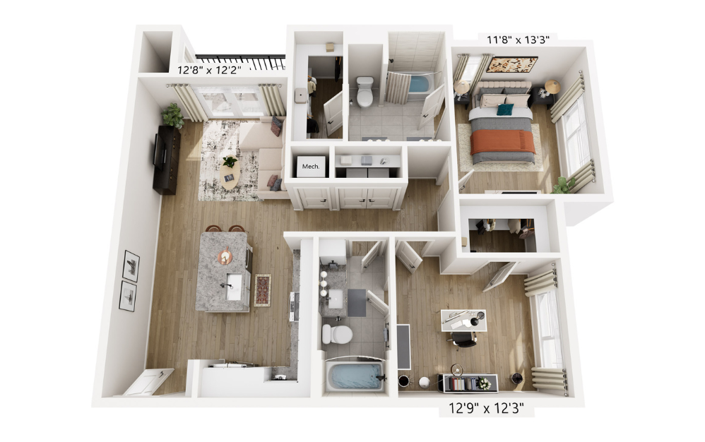 B2 - 2 bedroom floorplan layout with 2 bathrooms and 1072 square feet