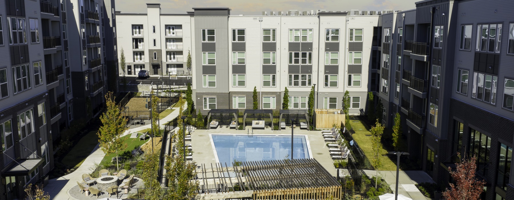 aerial view of pool and cabana