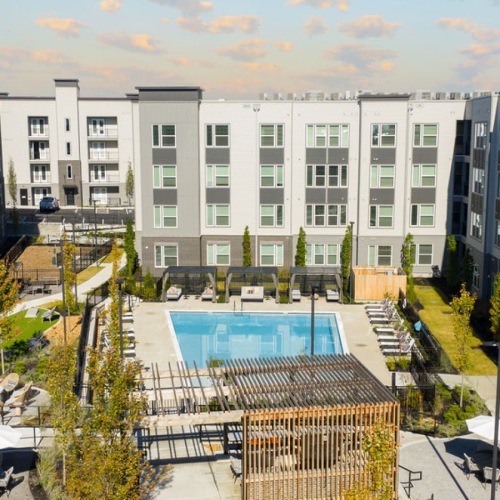 Aerial view of apartments and pool